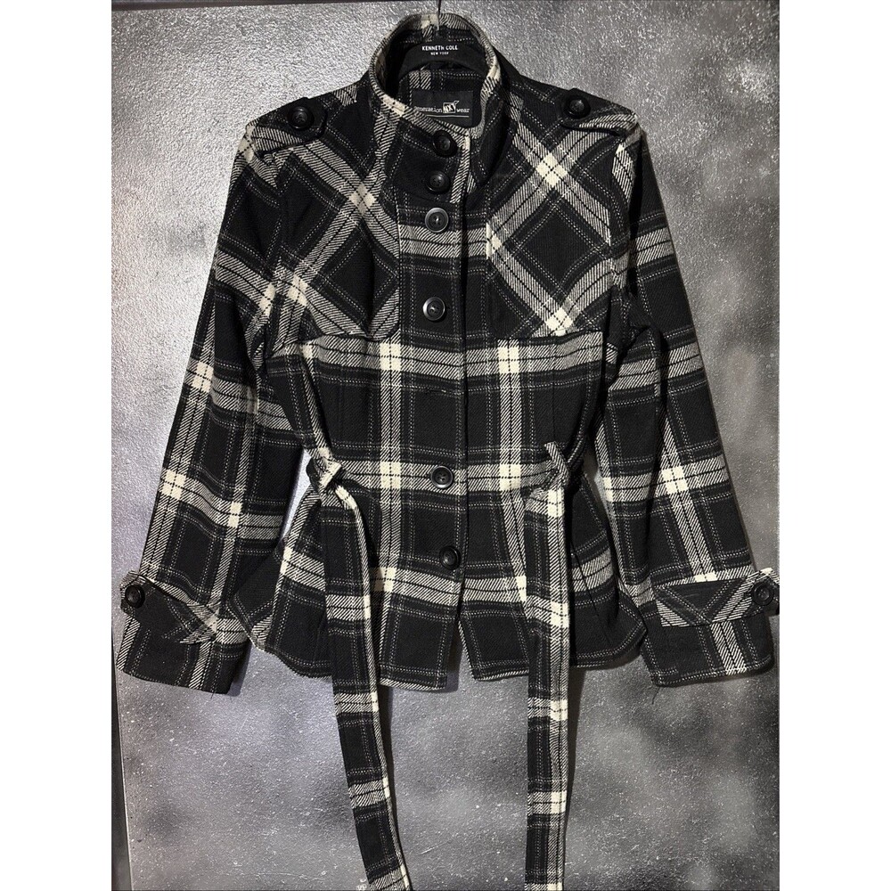Vintage Y2K Black Plaid Slim Fit Preppy Grunge Girl Pea Coat Belted Jacket Coat